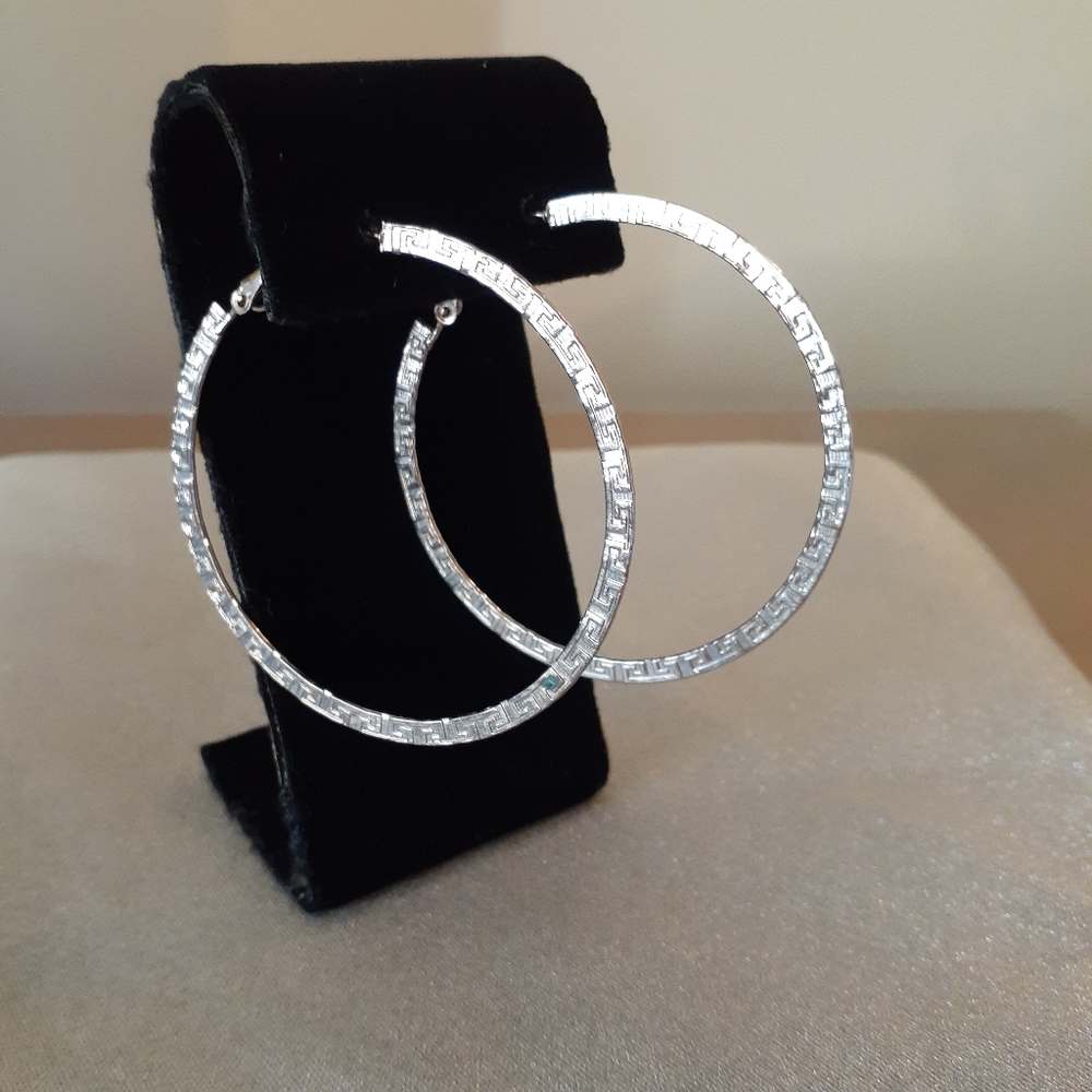 1/2 Price. Marked. Vintage 1990's Silver Tone Hoop Earrings Greek Key Design